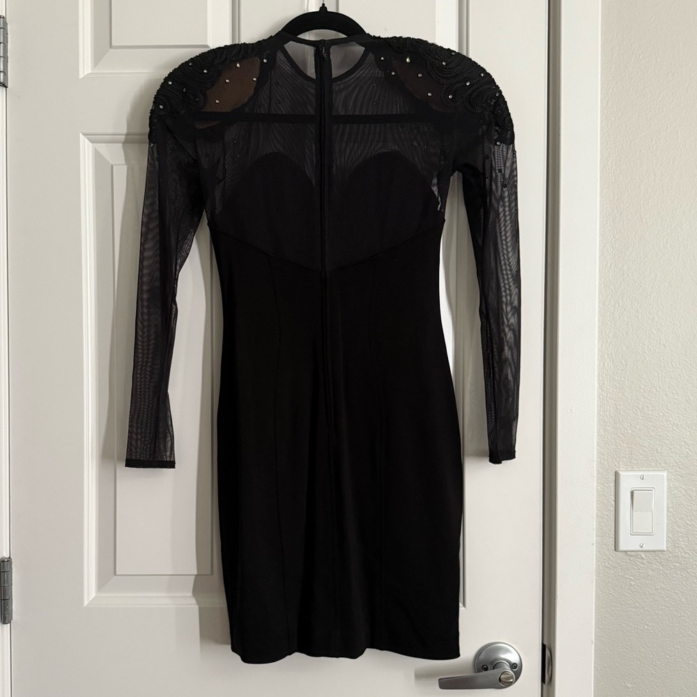 Vintage Tadashi Black Sheer Mesh Sleeves Beaded Shoulder Bodycon Dress Size XS–S - Picture 2 of 8